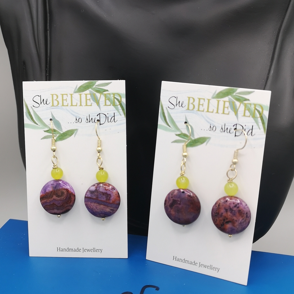 Purple Lace Agate & Olive Serpentine Stone Earrings